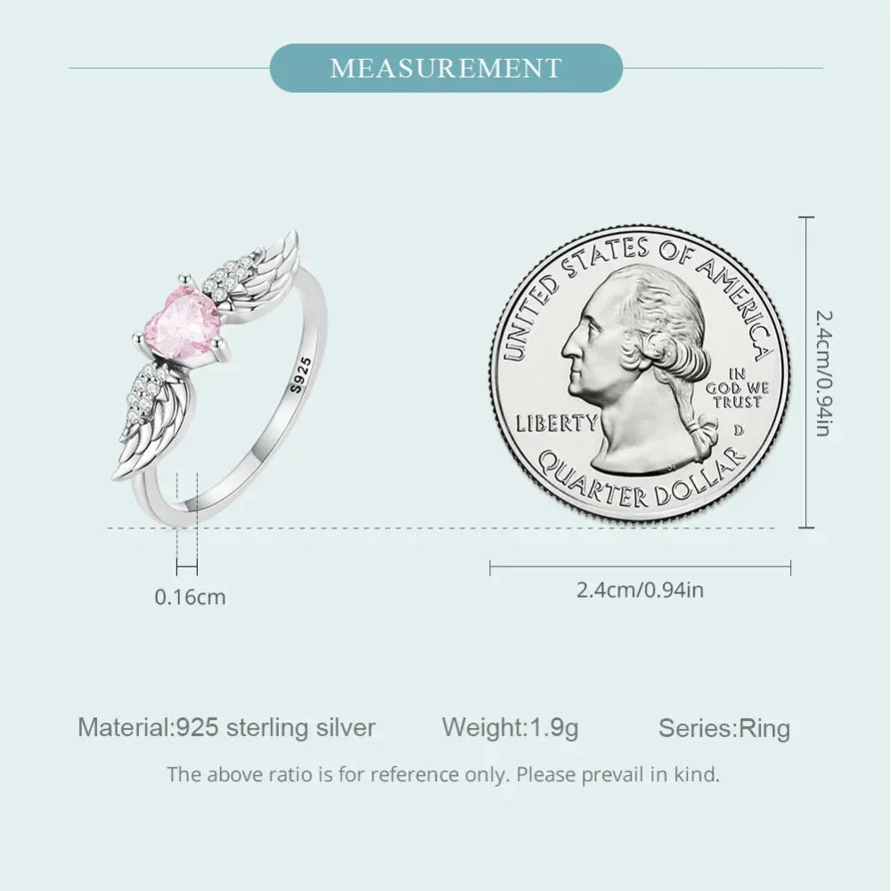 925 Sterling Silver Pink Heart Zircon Ring for Women - Love & Wing Ring