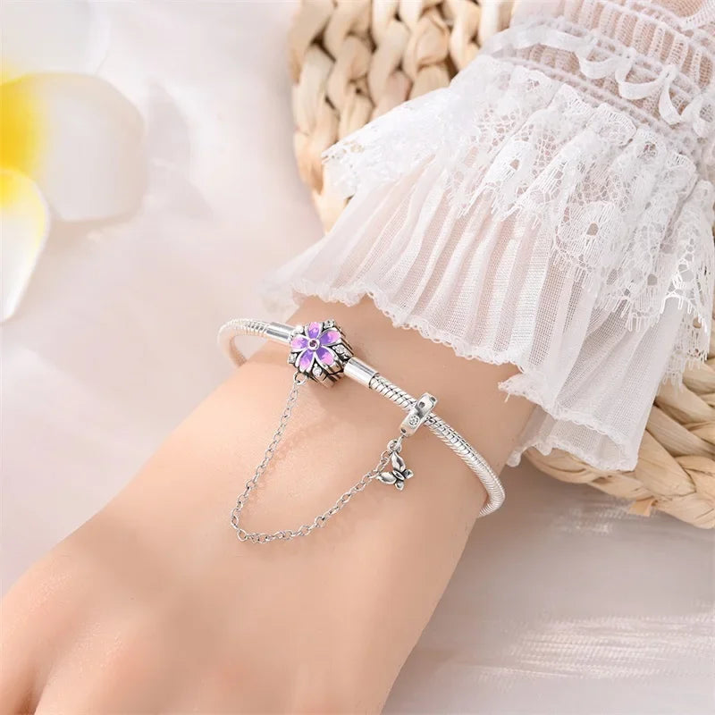 Enchanting Floral Sterling Silver Charm Bracelet With Safety Chain