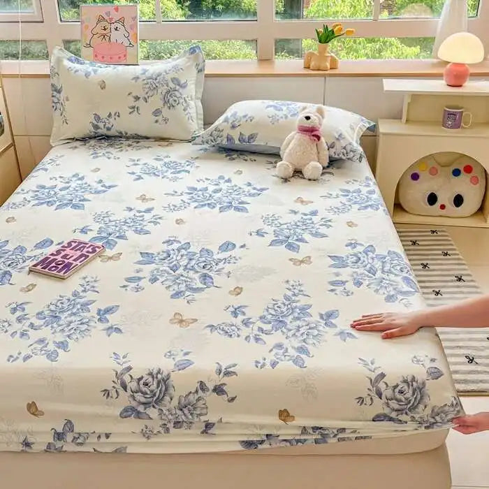 100% Cotton Floral Fitted Sheet Set - Includes Pillowcase, Single/Queen/King Size Mattress Covers(Breathable)