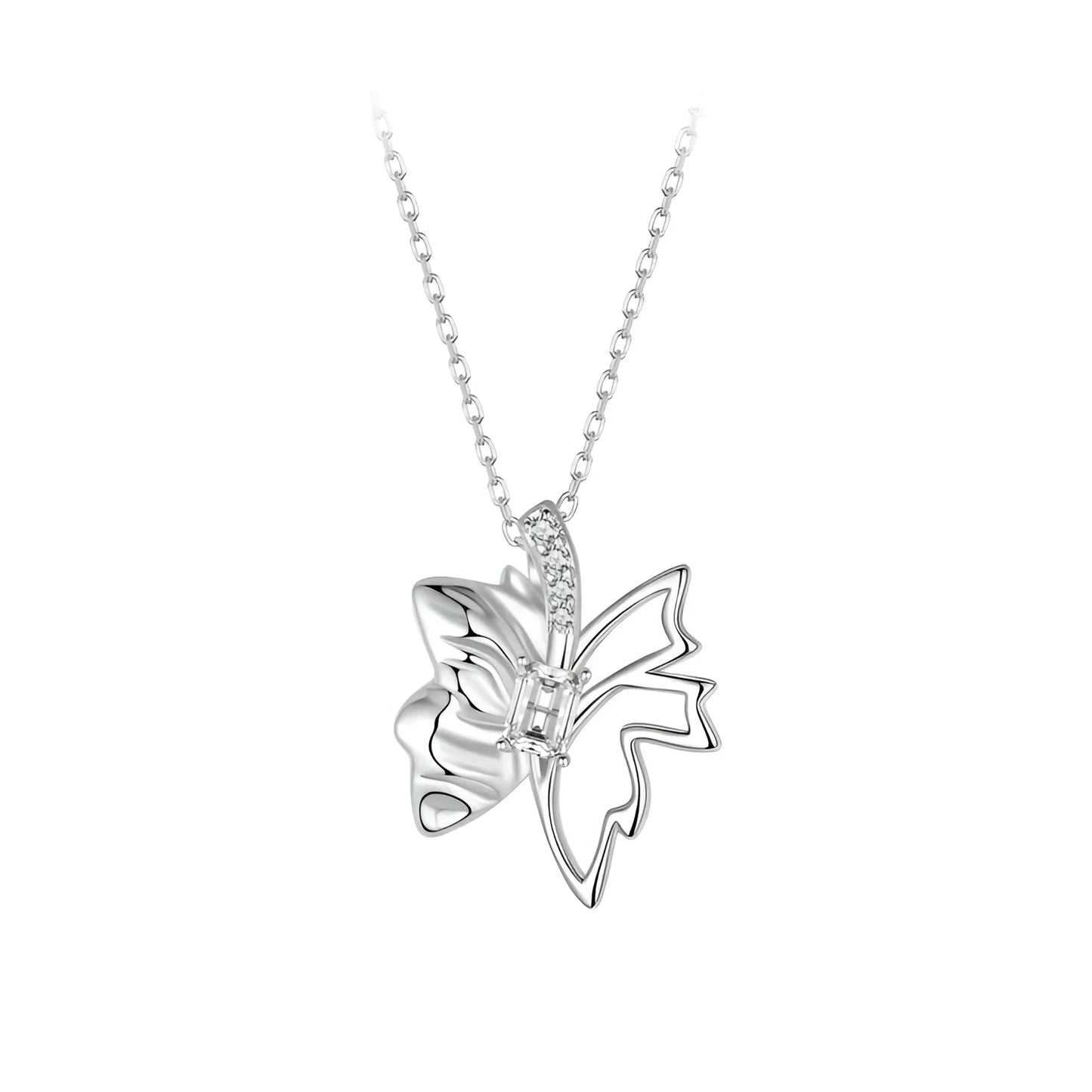 Autumn Elegance: White Gold Plated Sterling Silver Leaf Butterfly Necklace