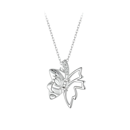 Autumn Elegance: White Gold Plated Sterling Silver Leaf Butterfly Necklace