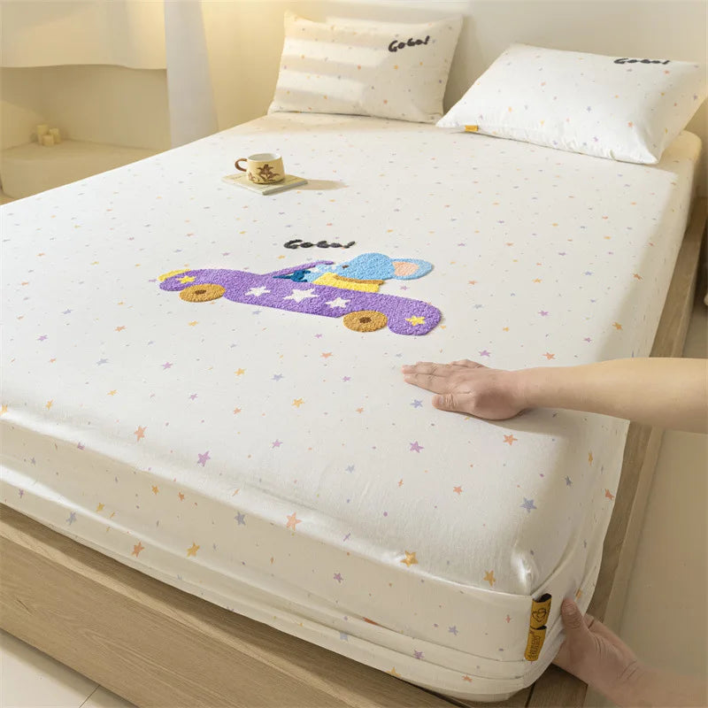 100% Cotton Cartoon Towel Embroidered Fitted Sheet A-Class Single Bed Cover for All Seasons Anti-Slip Mattress Protective Cover