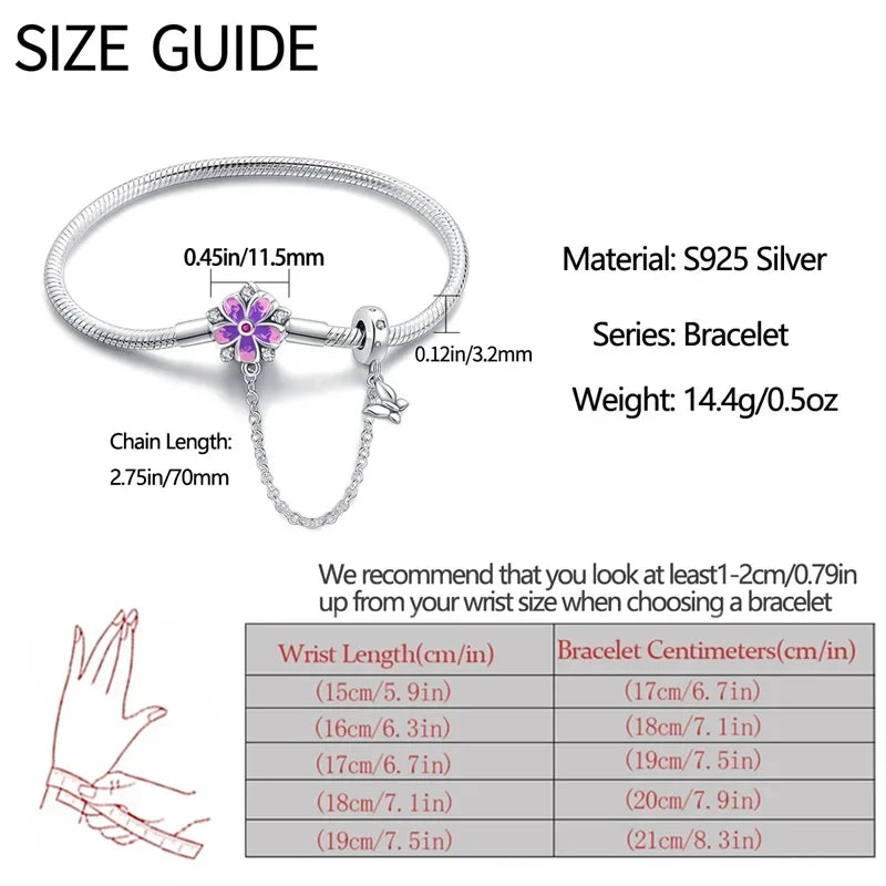 Enchanting Floral Sterling Silver Charm Bracelet With Safety Chain