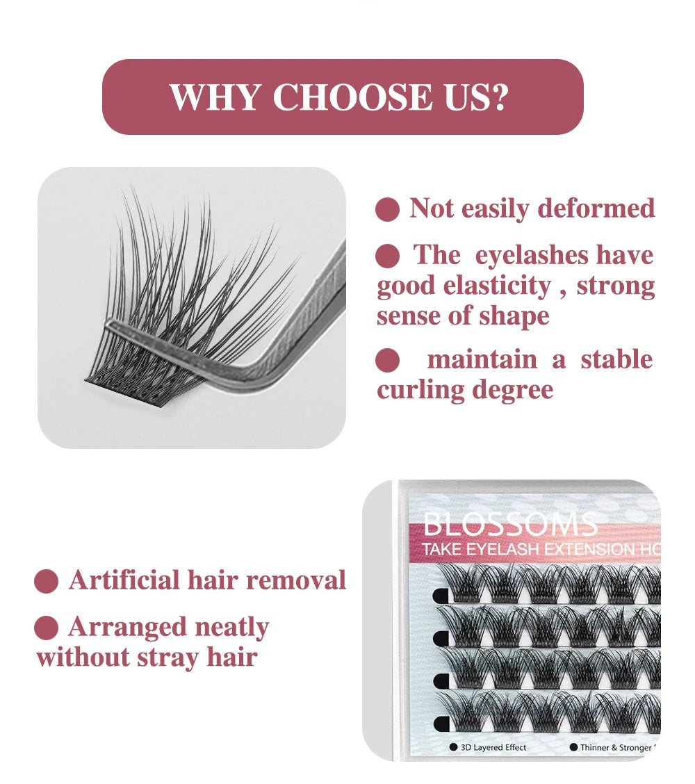 ETVITE DIY Clusters Eyelash Extension Dovetail Segmented Lashes 48 Volume Natural Segmented Eyelashes Bundles