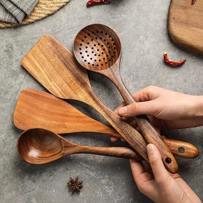 YWDL Natural Teak Cooking Spoon Scoop Kitchen Wooden Spatula Non-stick Utensils Set For Cooking With Hanging Hooks Cookware Tool