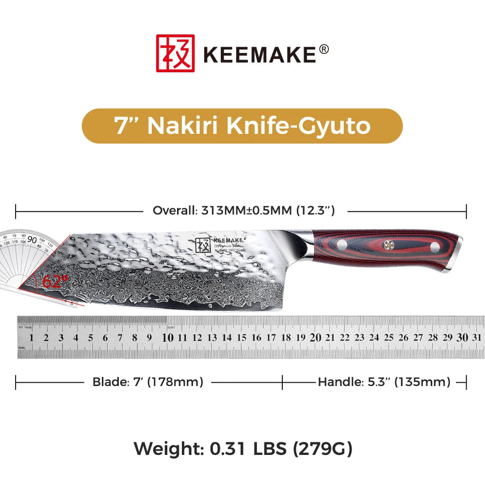 KEEMAKE 7" Inch Nakiri Chef's Knife Damascus Steel Japanese Cleaver Knife Kitchen Ultra Sharp Vegetable Fruit Meat Cutting Knife