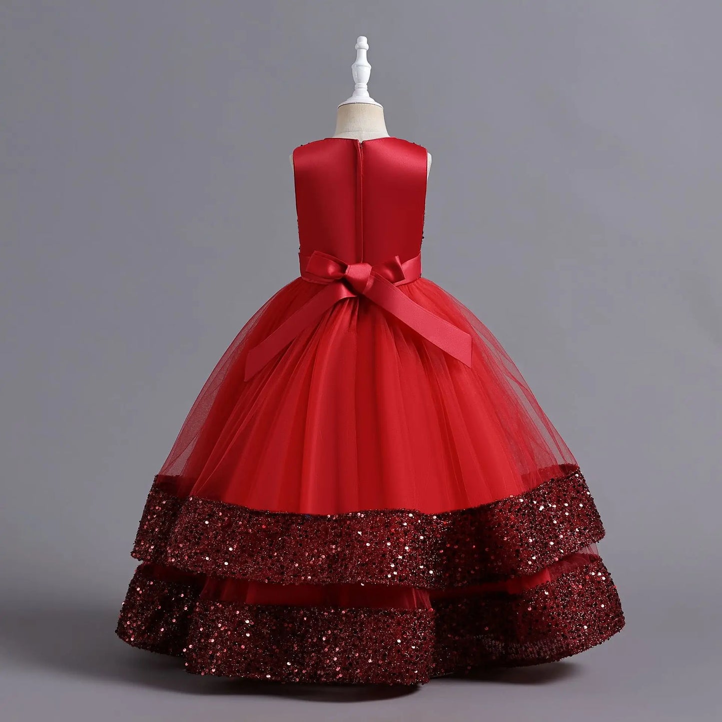 Children's Sequins Bowknot Princess Dress Girls' Fashion Pearl Cake Long Dress Christmas Banquet Host Show Dress