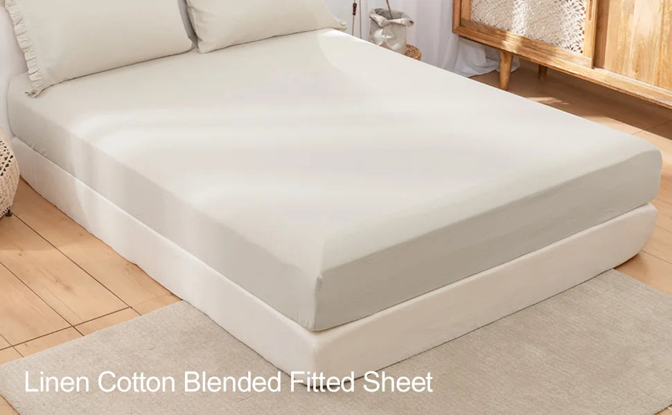 Simple&Opulence Linen Fitted Sheet (1 Piece) - 14 Inch Deep Pocket Mattress Cover Natural Flax Cotton Soft Breathable  Bedding
