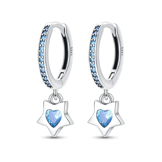 Celestial Charm Sterling Silver Hoop Earrings With Blue Star And Heart