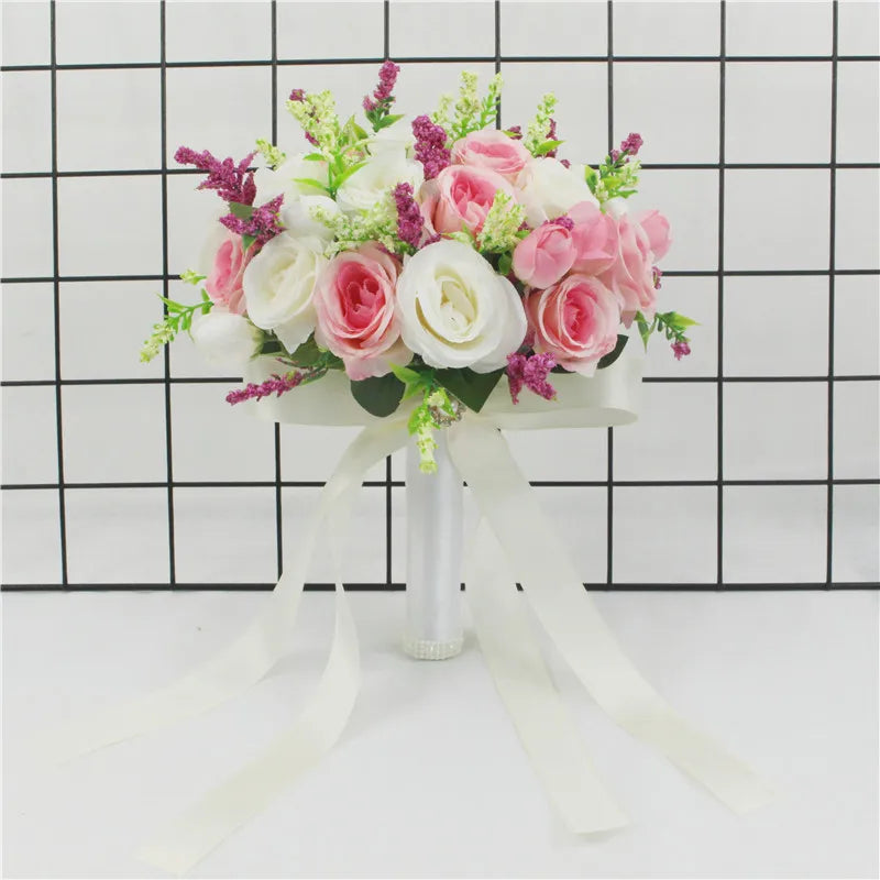 Bridal Bridesmaid Wedding Bouquet White Pink Champagne Artificial Rose Bride Holding Flowers Mariage Decor Wedding Accessories