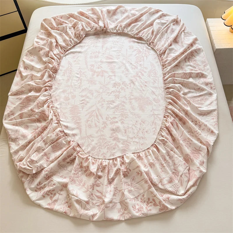 1pc Floral Fitted Bed Sheet Flower Printed Washed Cotton Bed Sheet with Elastic Single/Queen/King Size Bed Fitted Sheets