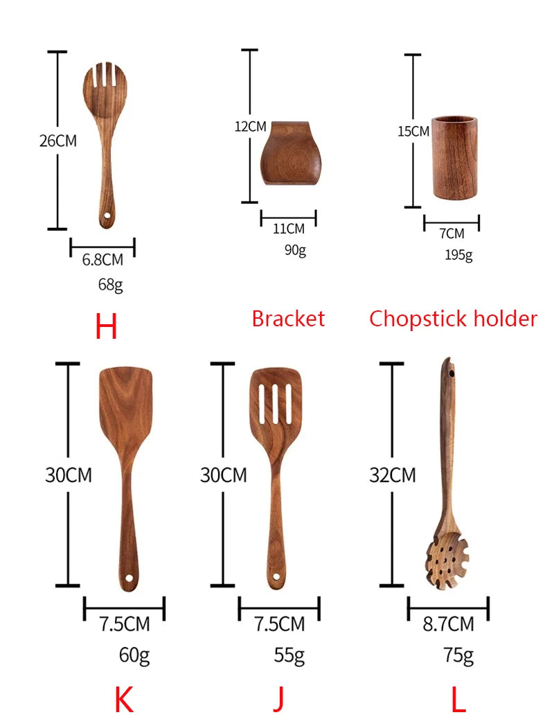 YWDL Natural Teak Cooking Spoon Scoop Kitchen Wooden Spatula Non-stick Utensils Set For Cooking With Hanging Hooks Cookware Tool