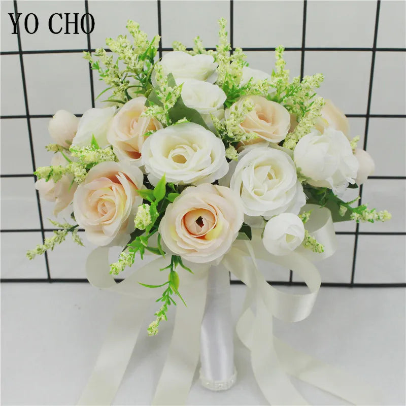Bridal Bridesmaid Wedding Bouquet White Pink Champagne Artificial Rose Bride Holding Flowers Mariage Decor Wedding Accessories