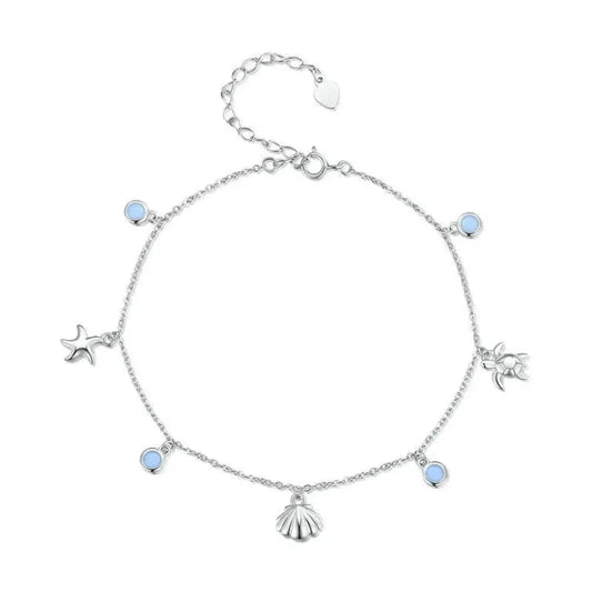 925 Sterling Silver Seastar And Shell Pendant Anklet | Simple Chain Foot Jewelry For Women | Platinum Plated Summer Jewelry