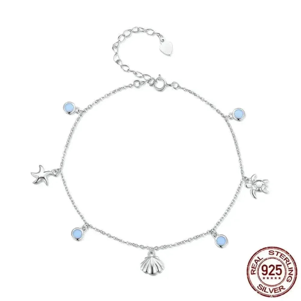 925 Sterling Silver Seastar And Shell Pendant Anklet | Simple Chain Foot Jewelry For Women | Platinum Plated Summer Jewelry