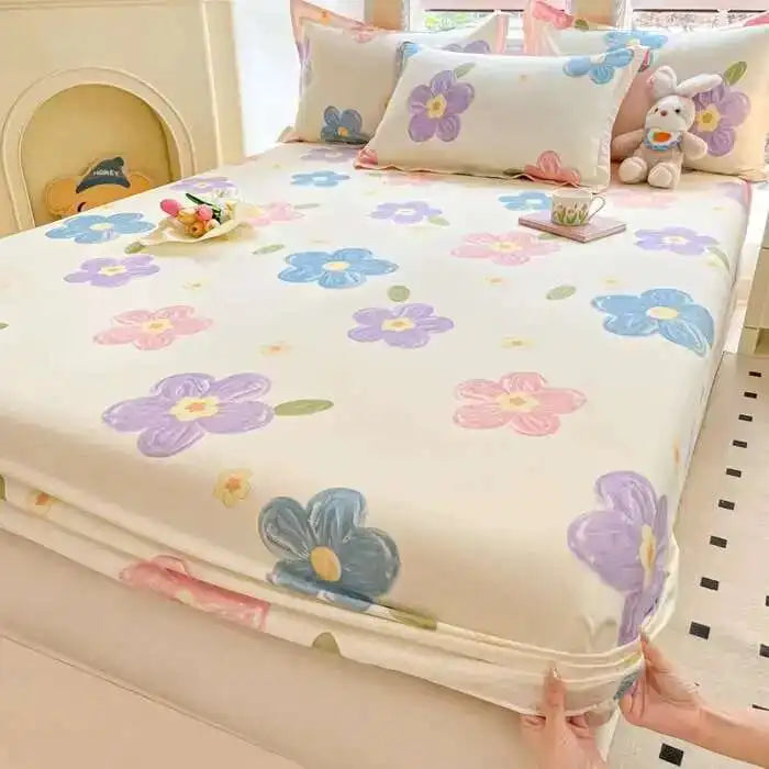 100% Cotton Floral Fitted Sheet Set - Includes Pillowcase, Single/Queen/King Size Mattress Covers(Breathable)