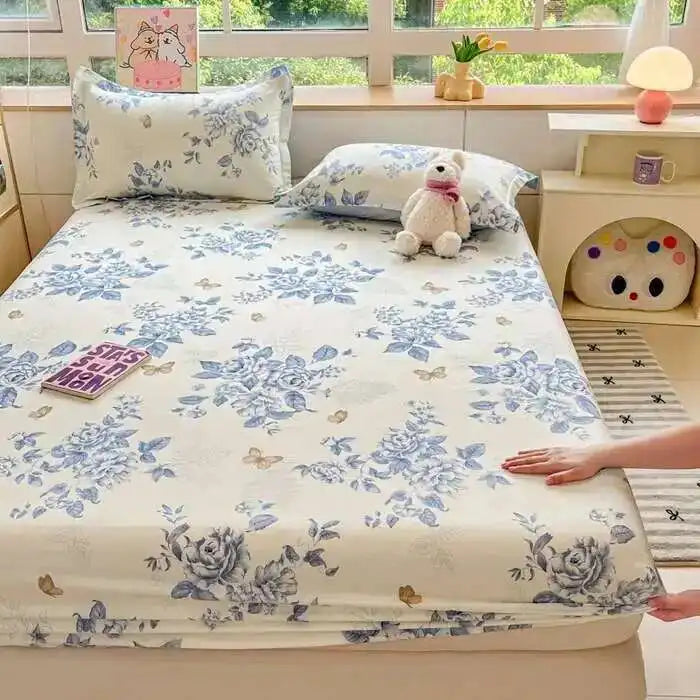 100% Cotton Floral Fitted Sheet Set - Includes Pillowcase, Single/Queen/King Size Mattress Covers(Breathable)
