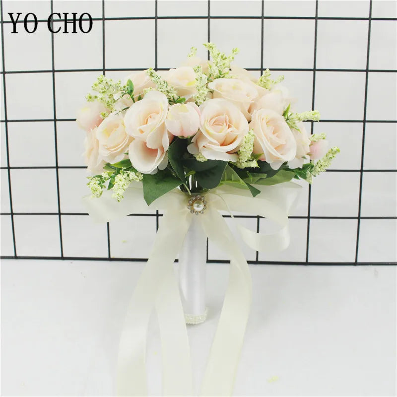 Bridal Bridesmaid Wedding Bouquet White Pink Champagne Artificial Rose Bride Holding Flowers Mariage Decor Wedding Accessories