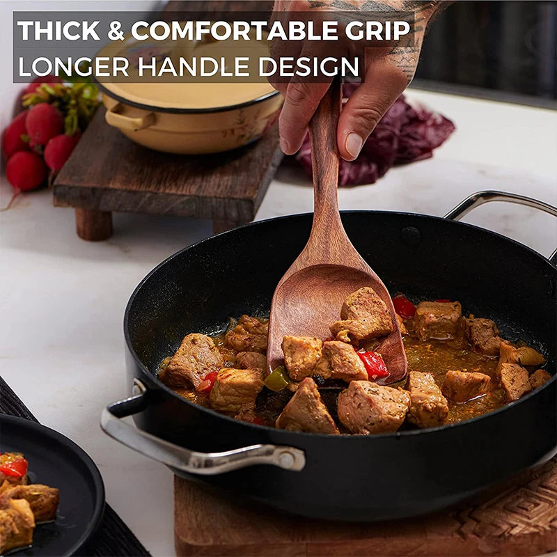 YWDL Natural Teak Cooking Spoon Scoop Kitchen Wooden Spatula Non-stick Utensils Set For Cooking With Hanging Hooks Cookware Tool