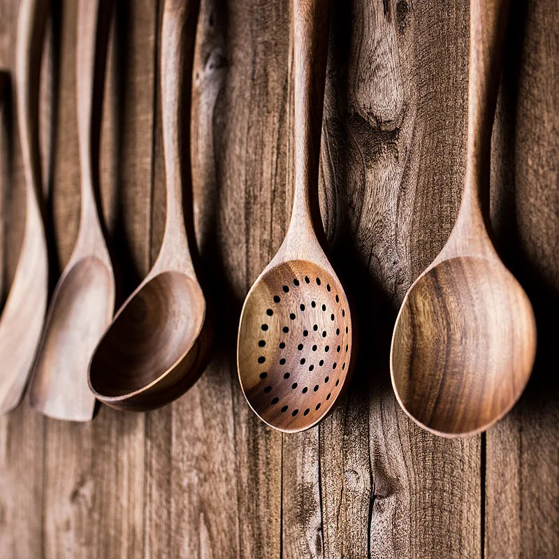 YWDL Natural Teak Cooking Spoon Scoop Kitchen Wooden Spatula Non-stick Utensils Set For Cooking With Hanging Hooks Cookware Tool