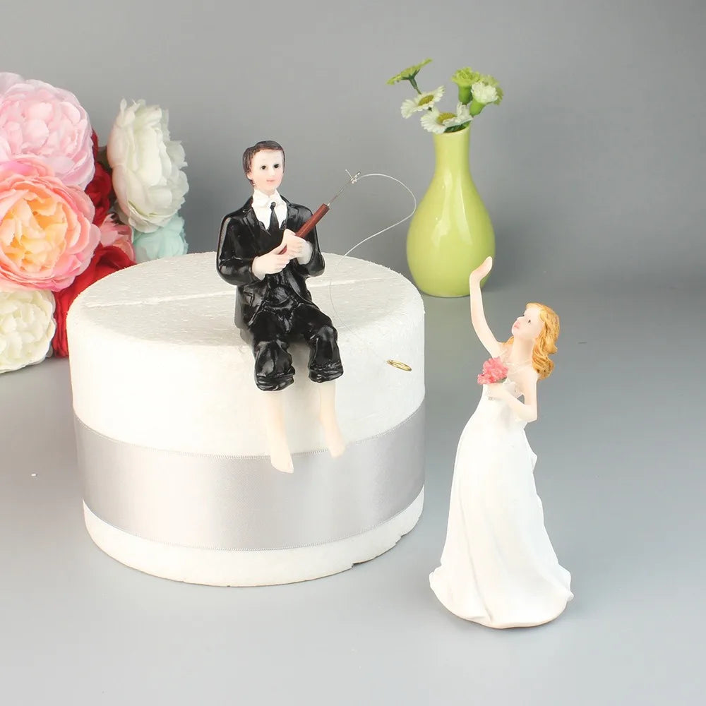 Hooked on Love Fishing Groom Catching Bride Funny Wedding Cake Topper Decor