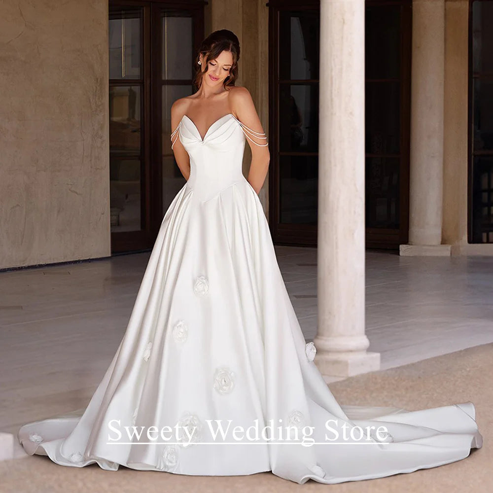 Modern Wedding Dresses for Bride New Customized V Neck Pearls Straps Pleat Flowers Sweep Train Backless Bridal Gown