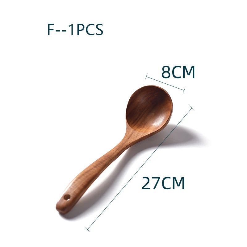 YWDL Natural Teak Cooking Spoon Scoop Kitchen Wooden Spatula Non-stick Utensils Set For Cooking With Hanging Hooks Cookware Tool