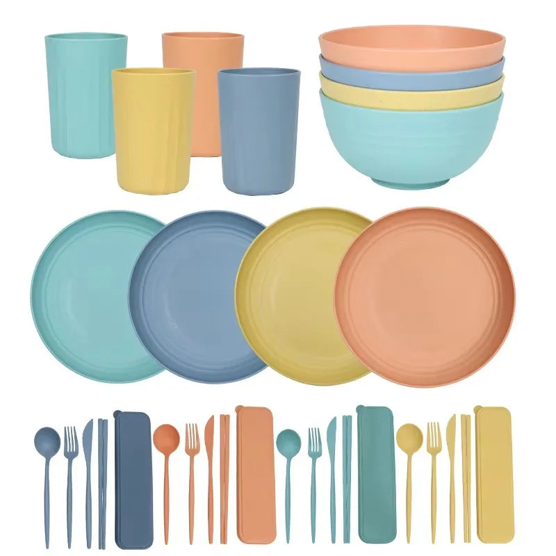 16pcs/set tableware eco friendly degradable plates cup dinner set wheat straw kitchen