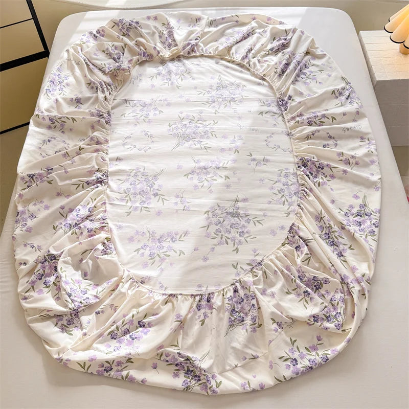 1pc Floral Fitted Bed Sheet Flower Printed Washed Cotton Bed Sheet with Elastic Single/Queen/King Size Bed Fitted Sheets