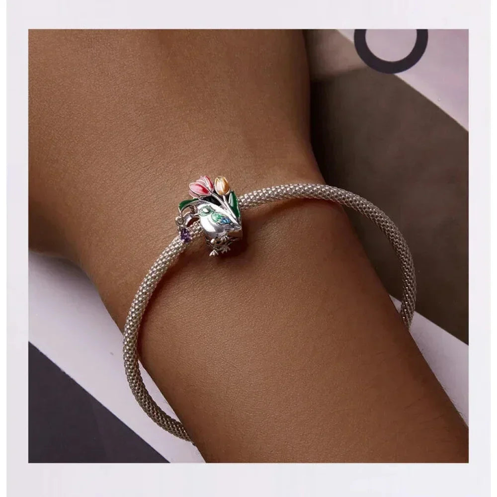 Springtime Charm - Sterling Silver Flower & Bird Pendant For Bracelets