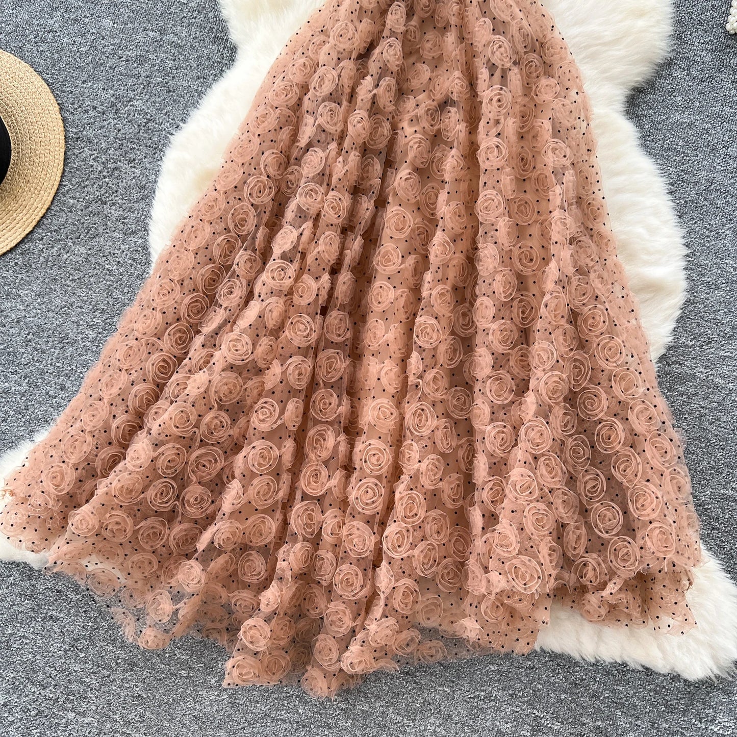 SINGREINY 3D Roses Mesh Straps Dress Polka Dots Backless Zipper Irregular Sundress Women French Senior Chic Evening Long Dress