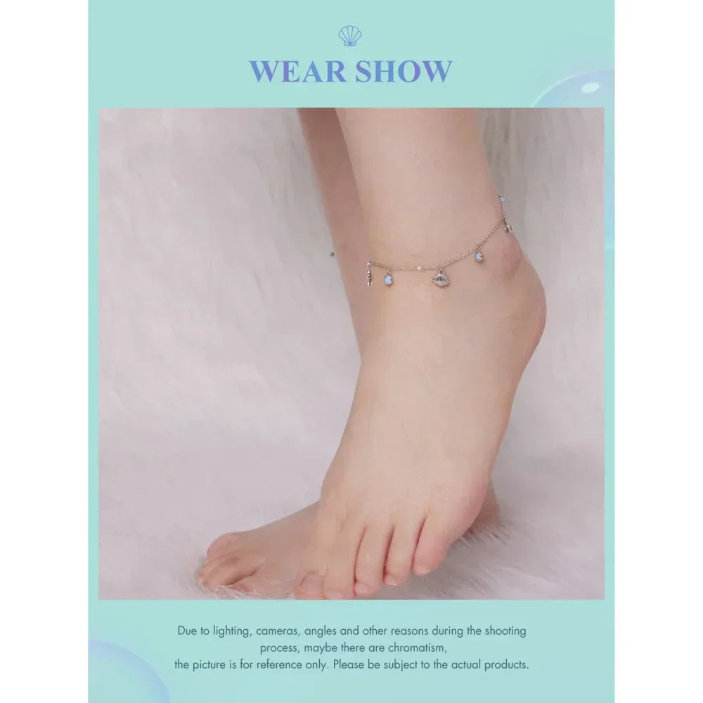 925 Sterling Silver Seastar And Shell Pendant Anklet | Simple Chain Foot Jewelry For Women | Platinum Plated Summer Jewelry