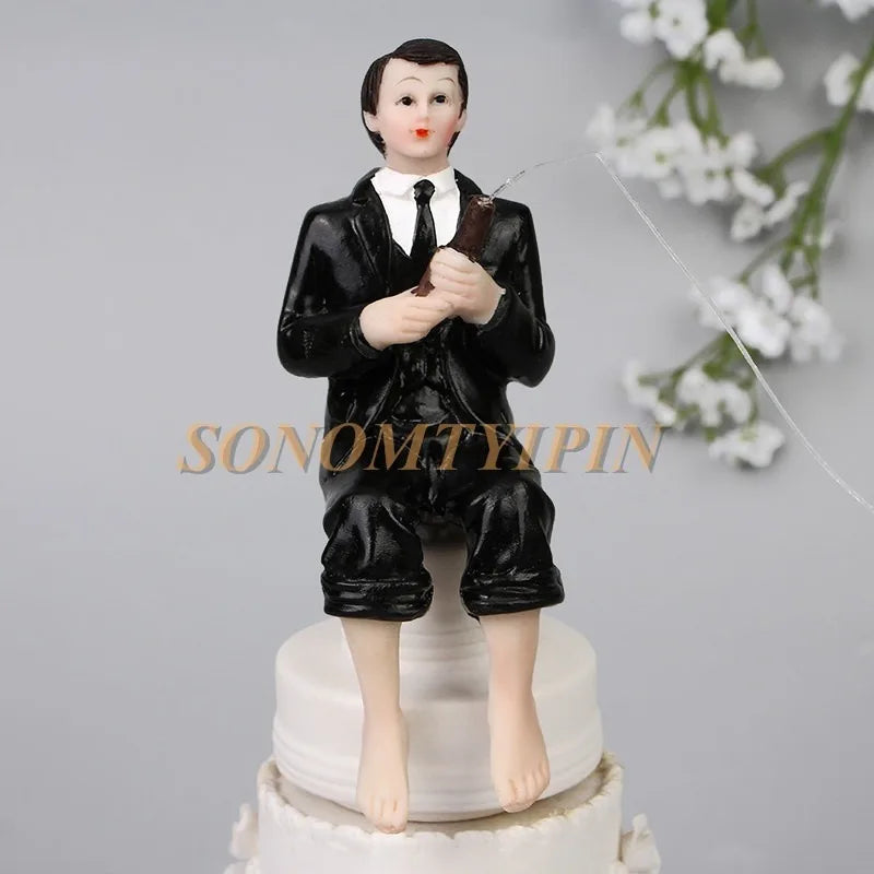 Hooked on Love Fishing Groom Catching Bride Funny Wedding Cake Topper Decor