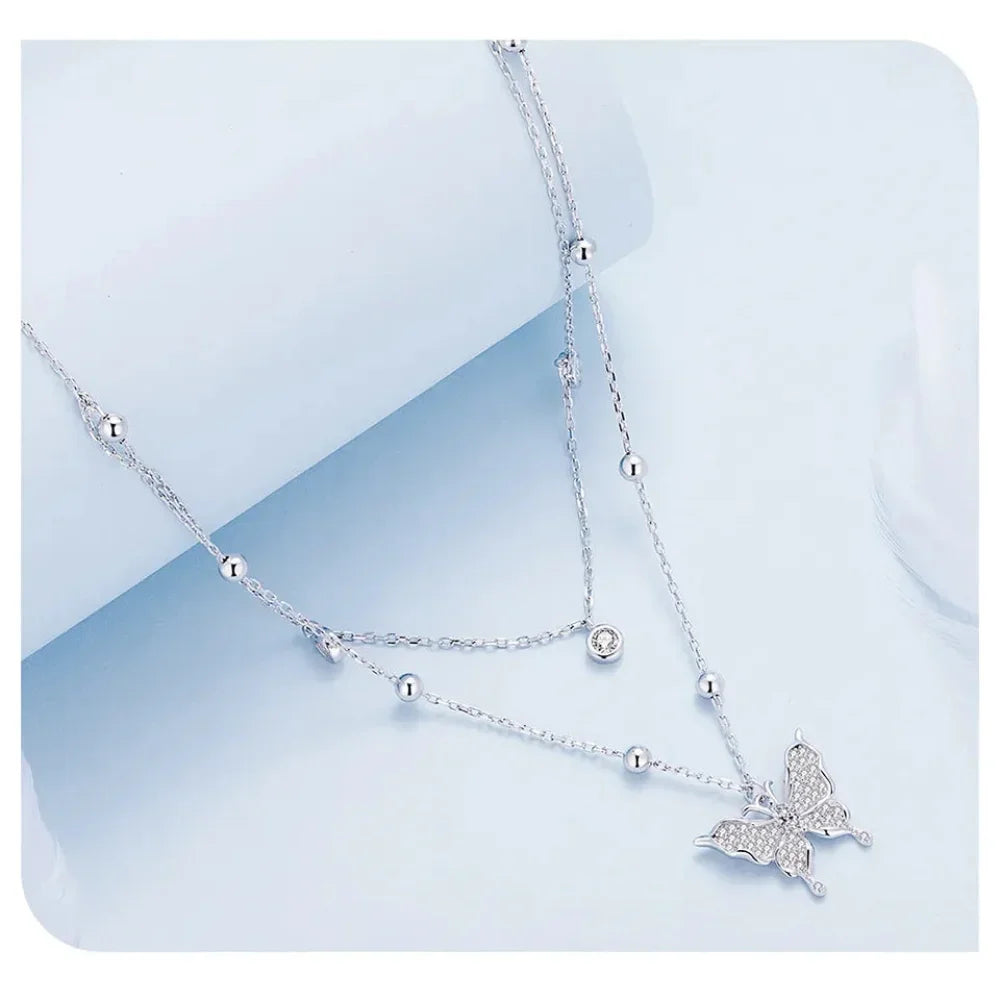 925 Sterling Silver Double-layer Tassel Butterfly Pendant Necklace for Women - Elegant Fine jewelry