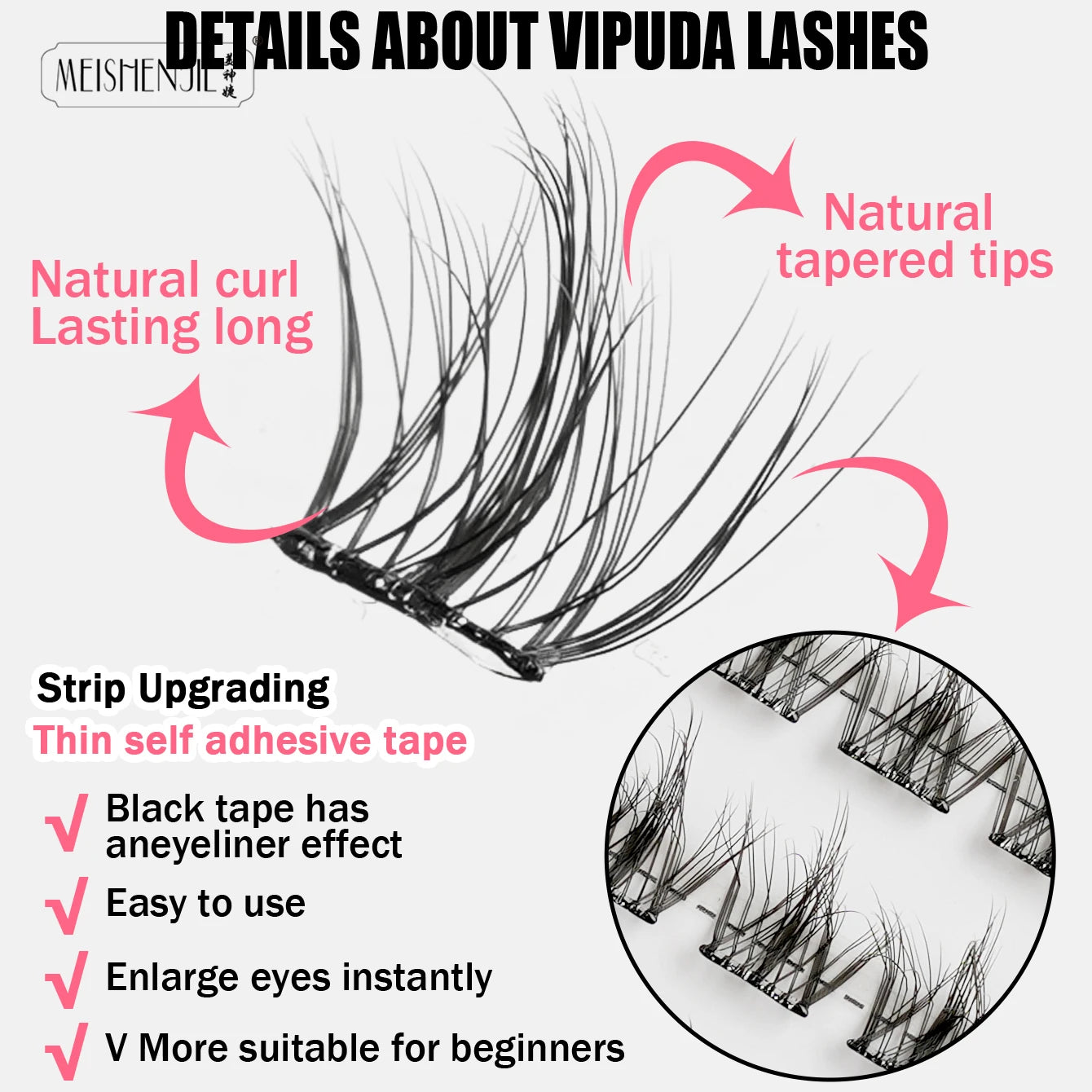 MEISHENJIE Self Adhesive Eyelashes 100 PCS DIY Cluster Lashes No Glue Needed Individual Lashes Extension Makeup Tools Faux Cils