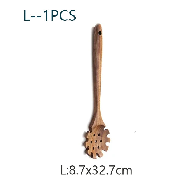 YWDL Natural Teak Cooking Spoon Scoop Kitchen Wooden Spatula Non-stick Utensils Set For Cooking With Hanging Hooks Cookware Tool