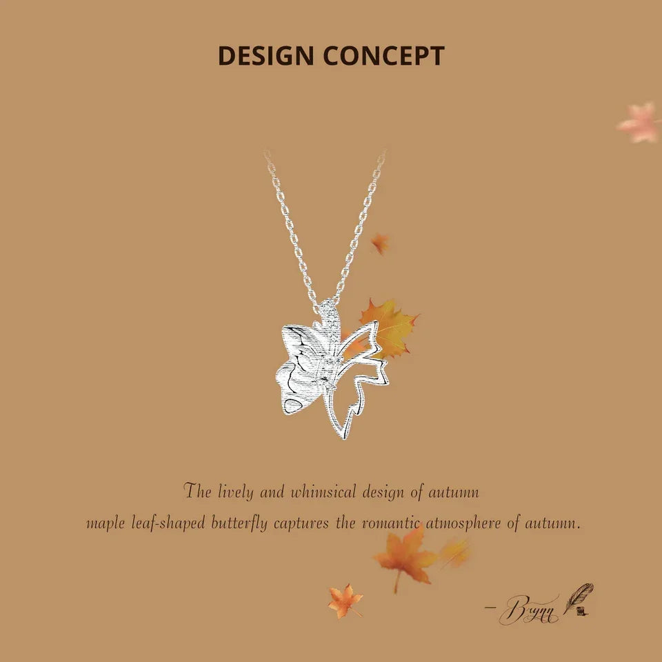 Autumn Elegance: White Gold Plated Sterling Silver Leaf Butterfly Necklace