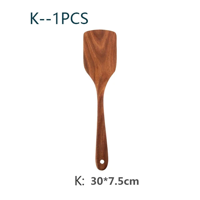 YWDL Natural Teak Cooking Spoon Scoop Kitchen Wooden Spatula Non-stick Utensils Set For Cooking With Hanging Hooks Cookware Tool
