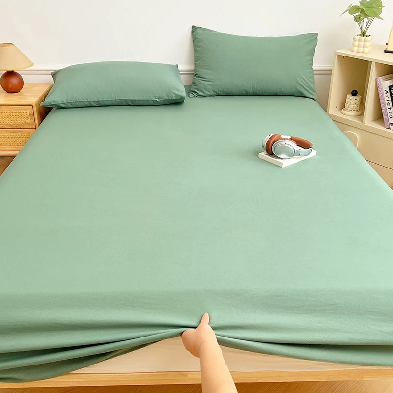 Washed Cotton Solid Color Fitted Sheet with Elastic Bands Non Slip Adjustable Mattress Cover Printed for Double King Queen