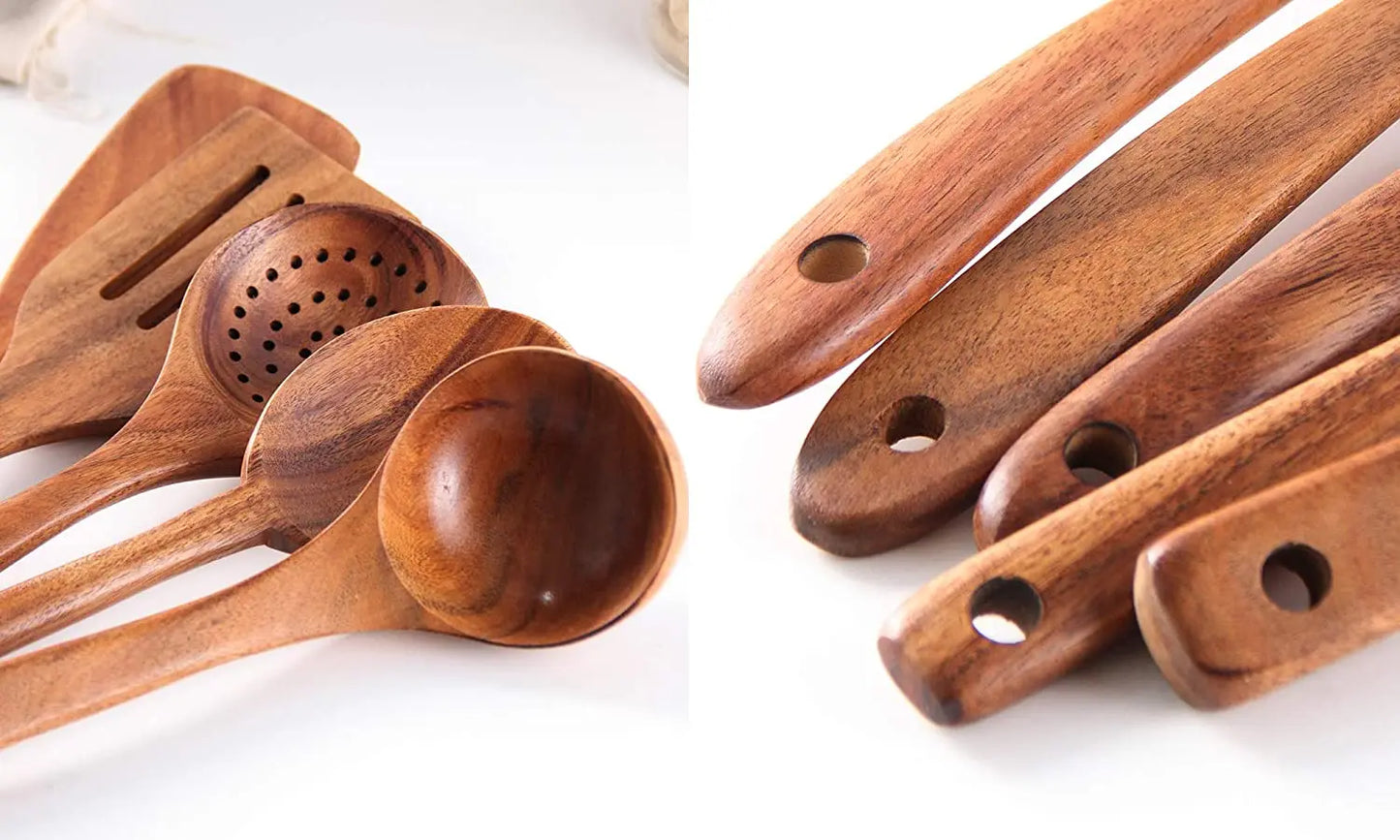 YWDL Natural Teak Cooking Spoon Scoop Kitchen Wooden Spatula Non-stick Utensils Set For Cooking With Hanging Hooks Cookware Tool