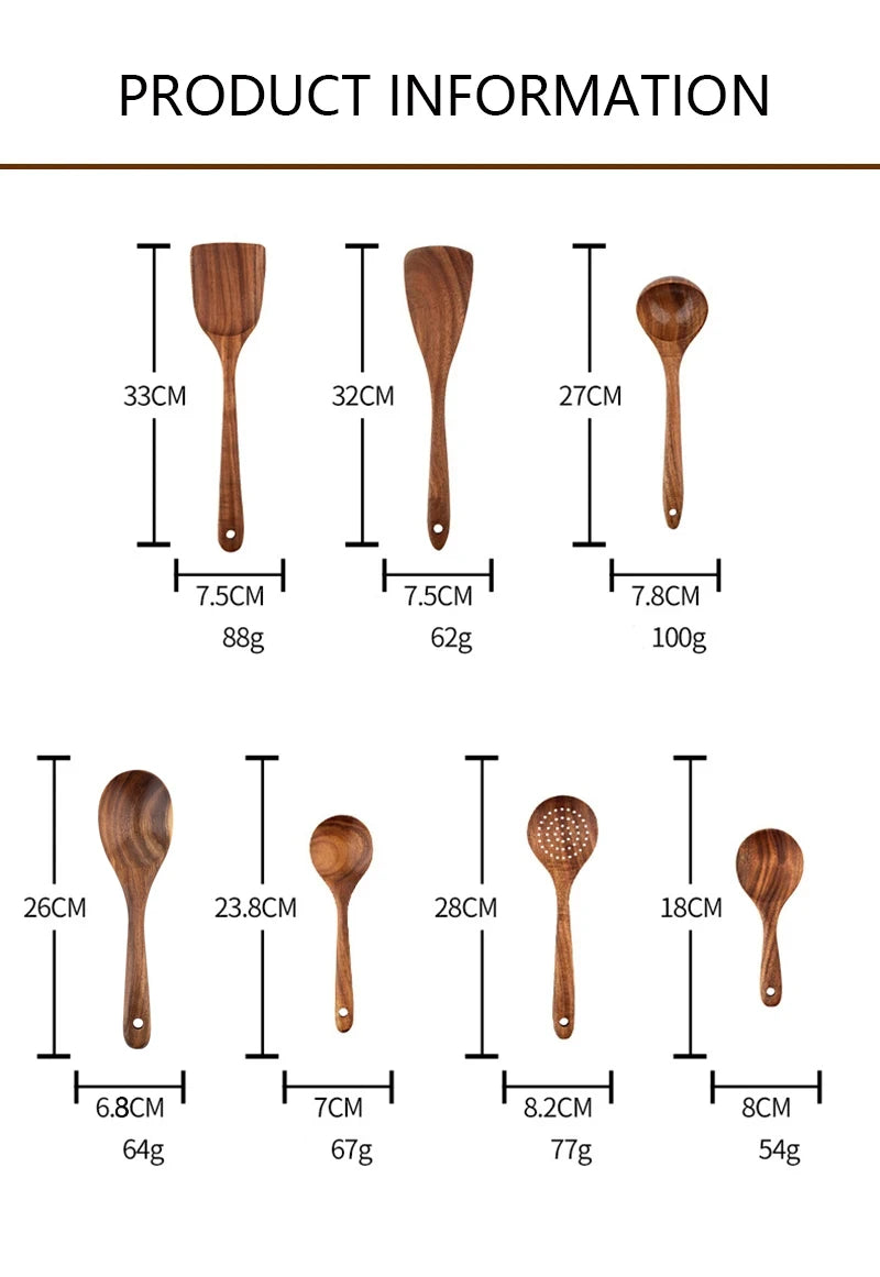 YWDL Natural Teak Cooking Spoon Scoop Kitchen Wooden Spatula Non-stick Utensils Set For Cooking With Hanging Hooks Cookware Tool