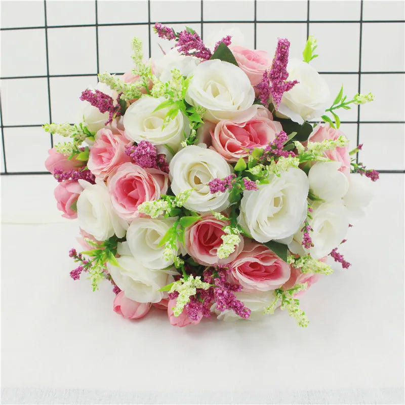 Bridal Bridesmaid Wedding Bouquet White Pink Champagne Artificial Rose Bride Holding Flowers Mariage Decor Wedding Accessories