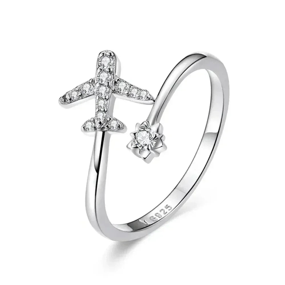 Genuine 925 Sterling Silver Flying Plane Open Adjustable Ring With Clear Cz - Fine Jewelry