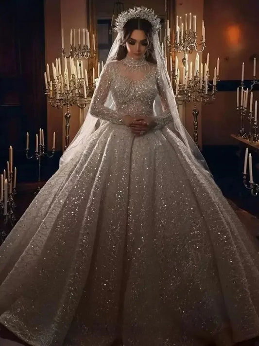 Flavinke Customized Princess Wedding Dresses Dubai Arabic Long Sequined Sleeves High Neck Bridal Gowns Tulle Vestido De Novia