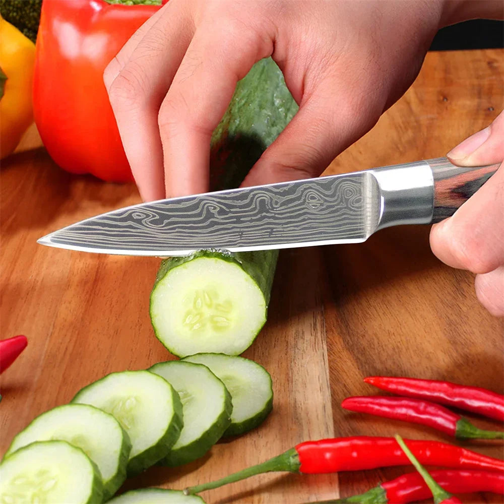 3.5 Inch Kitchen Chef Knife Fruit Knife Stainless Steel Laser Damascus Pattern Colored Wooden Handle Kitchen Knife Kitchen Tools