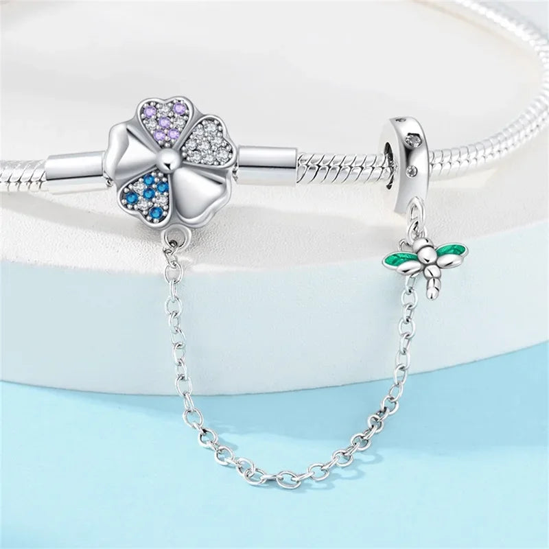 Delicate Sterling Silver Bracelet With Clover And Dragonfly Charms