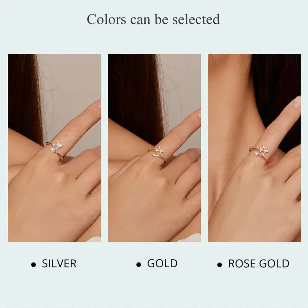 Genuine 925 Sterling Silver Flying Plane Open Adjustable Ring With Clear Cz - Fine Jewelry