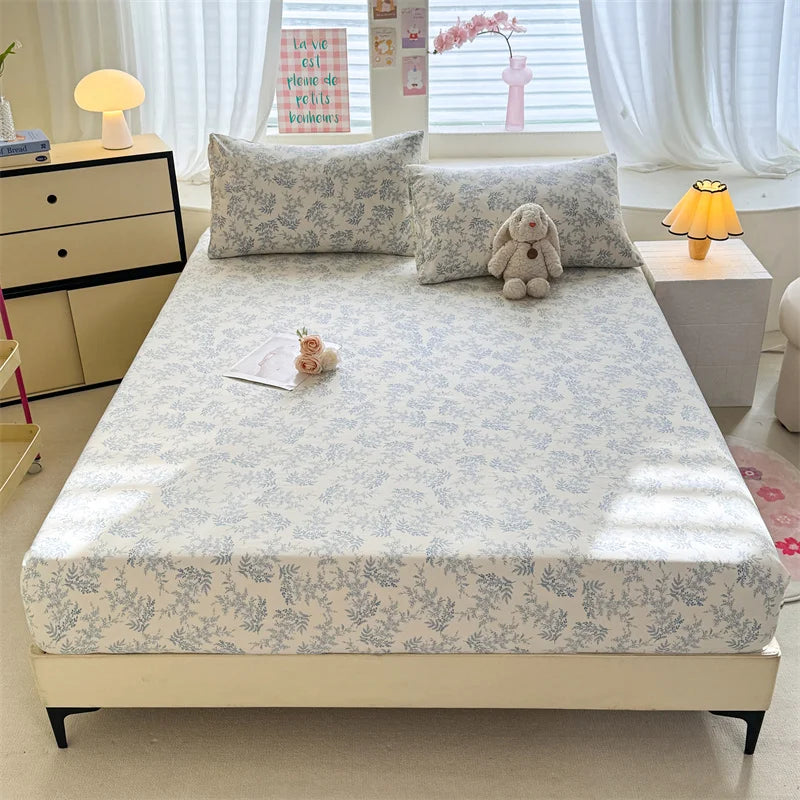 1pc Floral Fitted Bed Sheet Flower Printed Washed Cotton Bed Sheet with Elastic Single/Queen/King Size Bed Fitted Sheets
