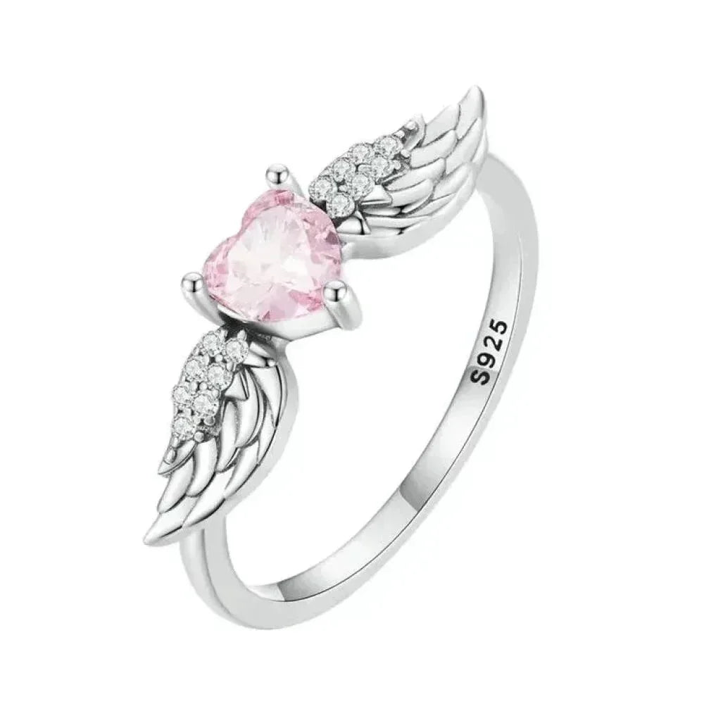 925 Sterling Silver Pink Heart Zircon Ring for Women - Love & Wing Ring