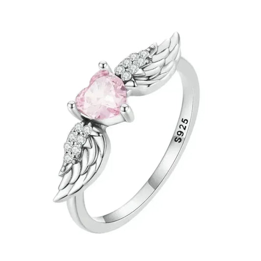 925 Sterling Silver Pink Heart Zircon Ring for Women - Love & Wing Ring